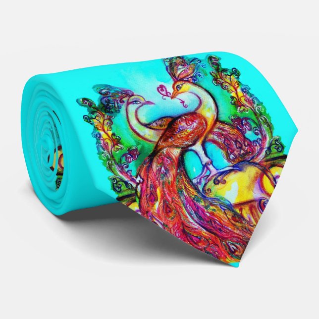 PEACOCKS IN LOVE Red Blue Turquoise Green Floral Tie (Rolled)