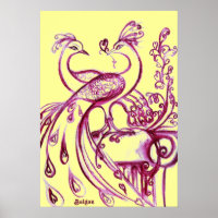 PEACOCKS IN LOVE, Red Purple and Yellow