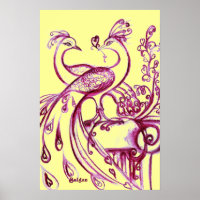 PEACOCKS IN LOVE, Red Purple and Yellow