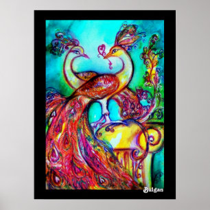 PEACOCKS IN LOVE, Red Yellow Turquoise Blue Poster
