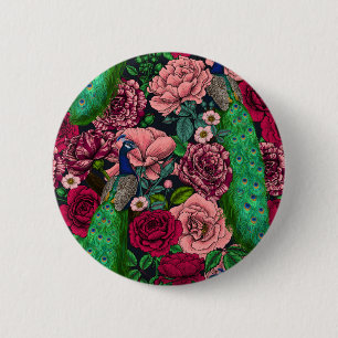 Peacocks in the rose garden 2 6 cm round badge
