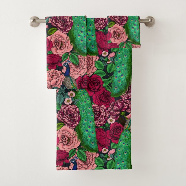 Peacocks in the rose garden 2 bath towel set (Insitu)