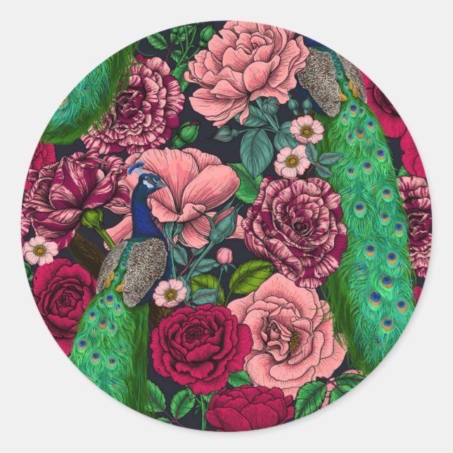 Peacocks in the rose garden 2 classic round sticker (Front)