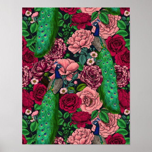 Peacocks in the rose garden 2 poster (Front)