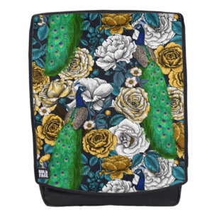 Peacocks in the rose garden 3 backpack