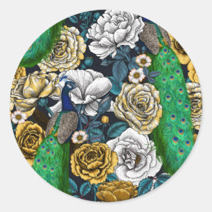 Peacocks in the rose garden 3 classic round sticker