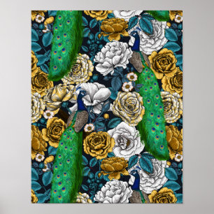 Peacocks in the rose garden 3 poster