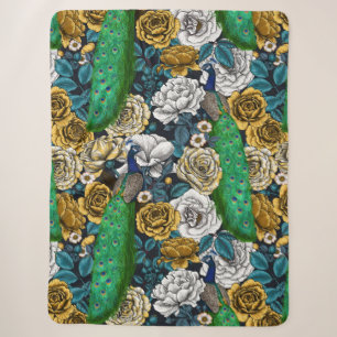 Peacocks in the rose garden 3 sherpa blanket