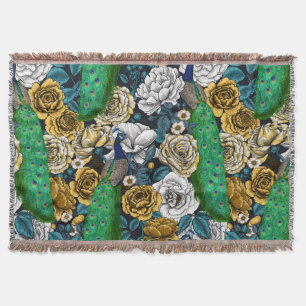 Peacocks in the rose garden 3 throw blanket