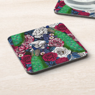 Peacocks in the rose garden coaster