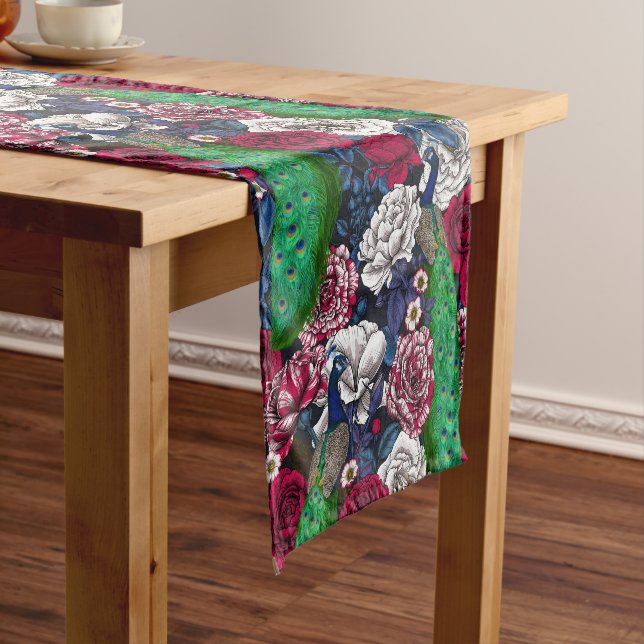 Peacocks in the rose garden short table runner (In Situ)