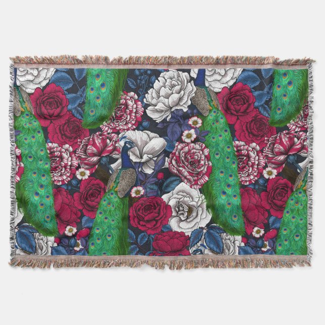 Peacocks in the rose garden throw blanket (Front)