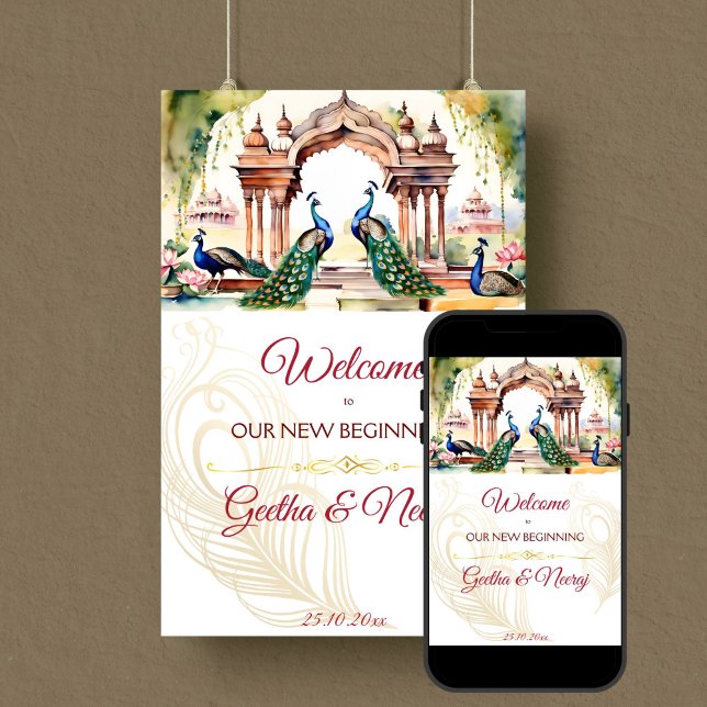 Peacocks lotus garden Indian wedding welcome sign (Peacocks lotus royal garden Indian wedding welcome sign editable template digital download)