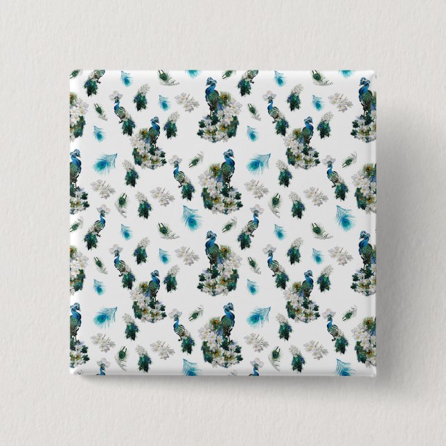 Peacocks on a white Running Pattern 15 Cm Square Badge (Front)
