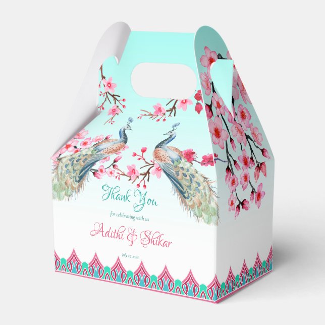 Peacocks pink blossoms ombre aqua blue  favour box (Front Side)