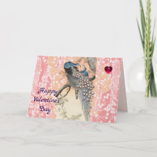 PEACOCKS,PINK SAKURA FLOWERS Floral Valentine Day Holiday Card