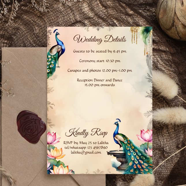 Peacocks vintage royal garden Indian wedding Invitation (Peacocks vintage royal garden Indian wedding Invitation RSVP wedding details card editable template)