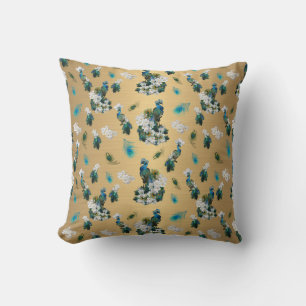 Peacocks - White Flowers on gold fabric Cushion