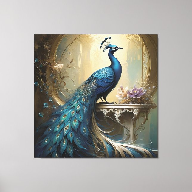 Peacook and Flowers Stretched Canvas Print (Front)