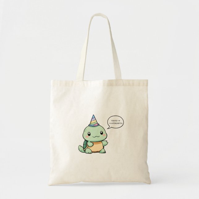 "Peaked In Kindergarten" Funny Turtle Design Tote Bag (Front)