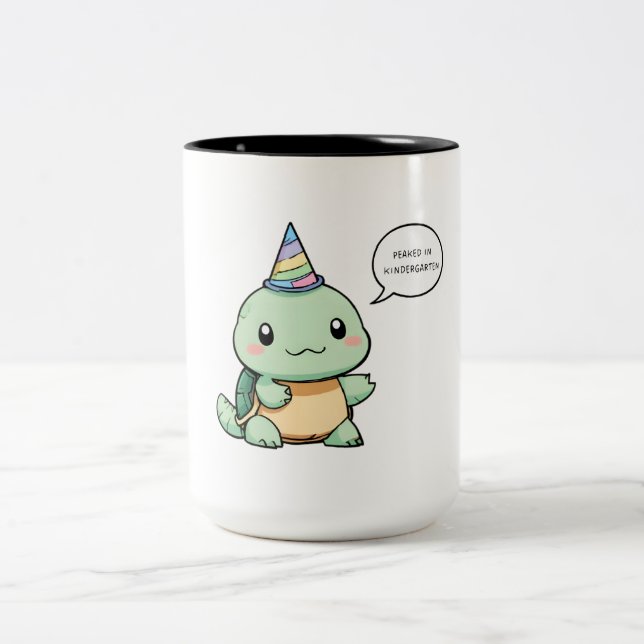 "Peaked In Kindergarten" Funny Turtle Design Two-Tone Coffee Mug (Center)