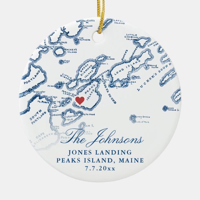 Peaks Island Maine Map Newlywed Photo Christmas Ceramic Tree Decoration (Front)