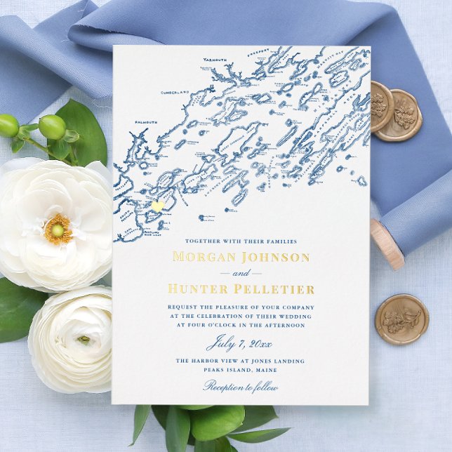  Peaks Island Maine Wedding Elegant Navy and Gold (Peaks Island Maine map Gold Foil and navy blue wedding invitation from Coastal Map Designs)