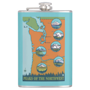 Peaks of the Northwest - 5 Different Mountains Hip Flask