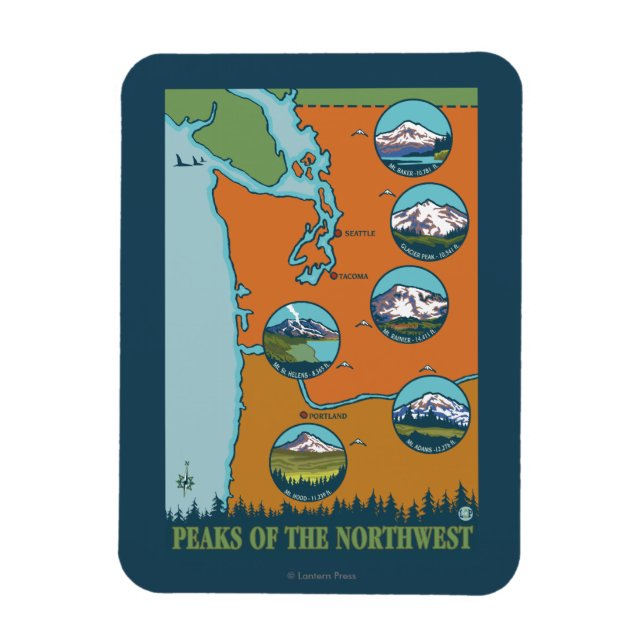 Peaks of the Northwest - 5 Different Mountains Magnet (Vertical)