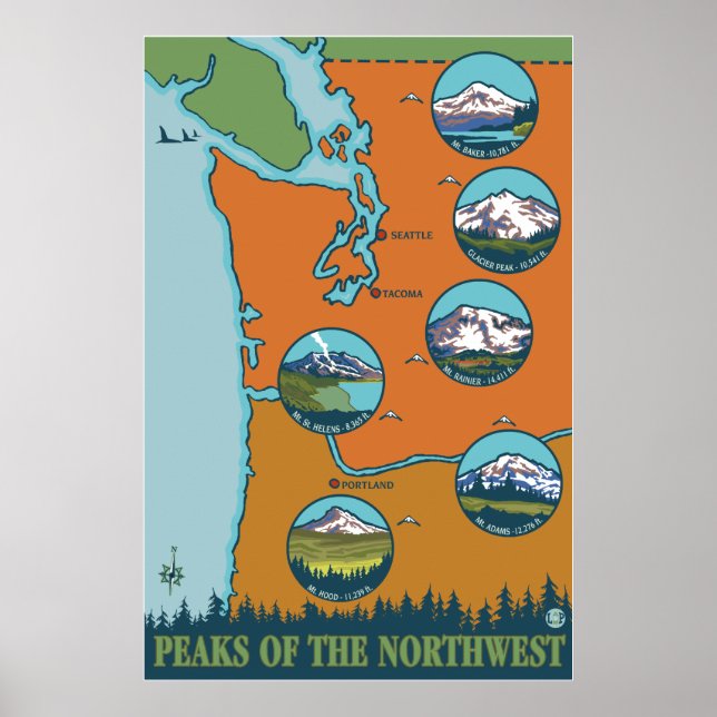 Peaks of the Northwest - 5 Different Mountains Poster (Front)