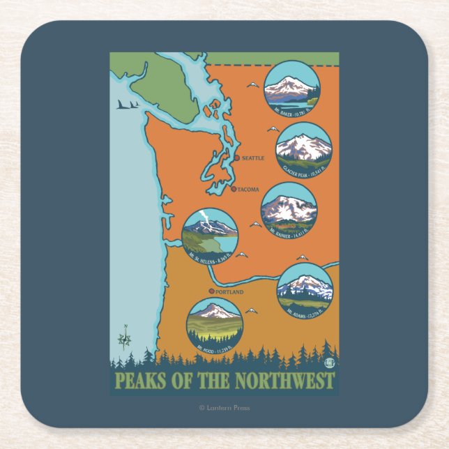 Peaks of the Northwest - 5 Different Mountains Square Paper Coaster (Front)