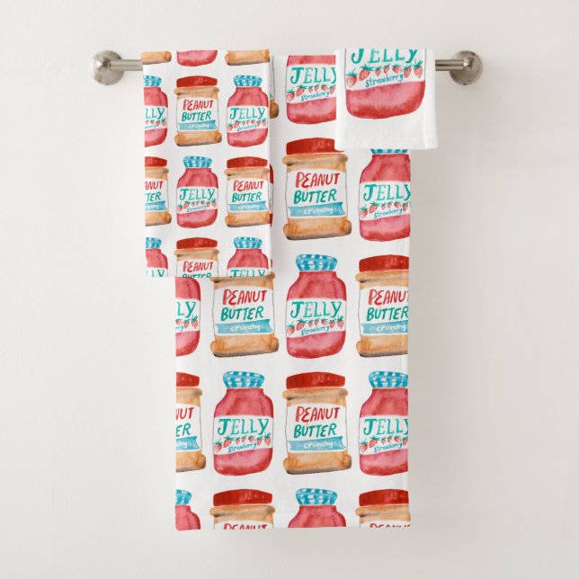 Peanut Butter and Jelly Watercolor Pattern Bath Towel Set (Insitu)