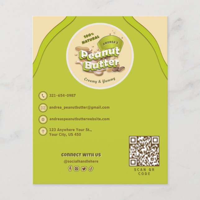 Peanut Butter Cute Logo and QR Code Yellow Green  Flyer (Front)