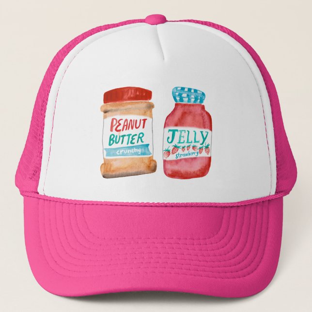 Peanut Butter & Strawberry Jelly Watercolor Art Trucker Hat (Front)