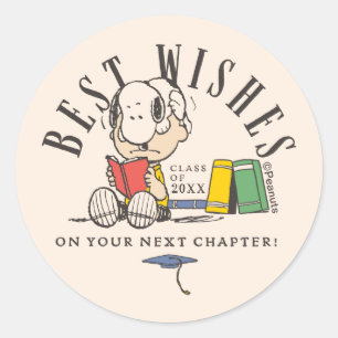Peanuts Best Wishes Graduation Snoopy Reading Classic Round Sticker