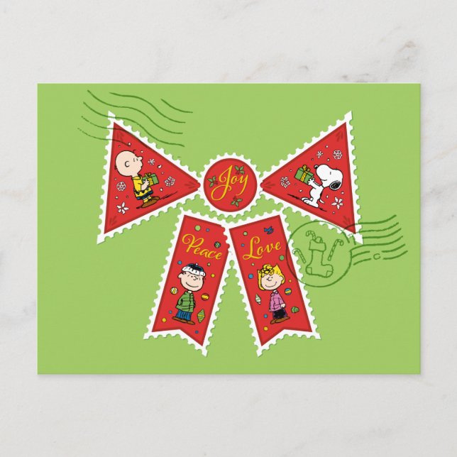Peanuts | Christmas Bow Postage Stamps Holiday Postcard (Front)