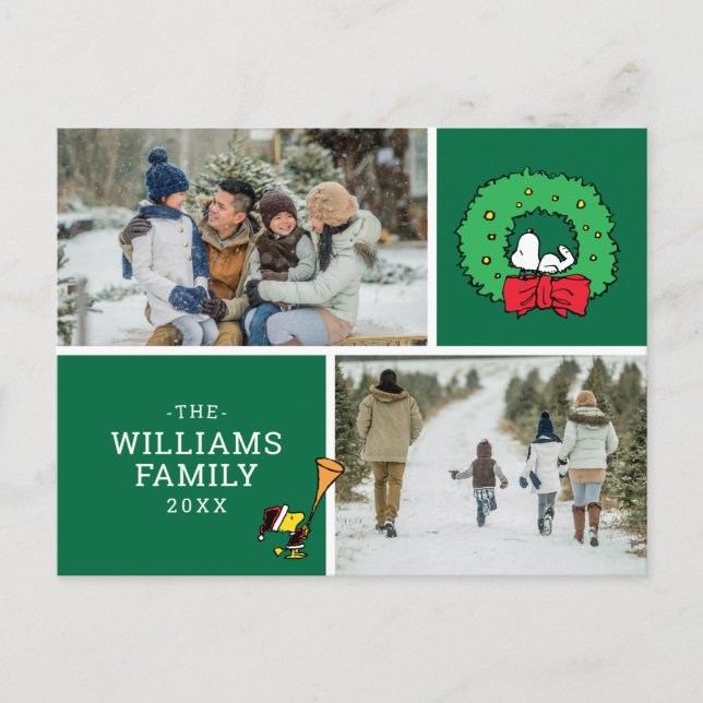 Peanuts Christmas Snoopy Wreath Family Photo Holiday Postcard (Front)