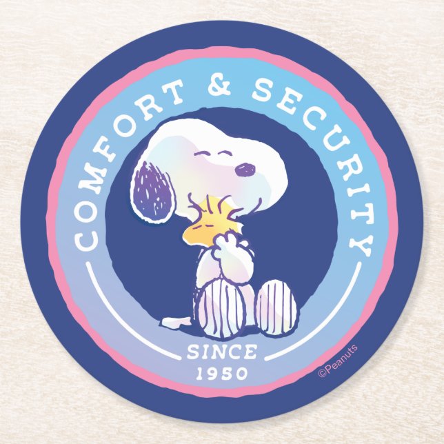 Peanuts | Comfort & Security Badge Blue Round Paper Coaster (Front)