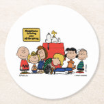 Peanuts | Happiness is Being One of the Gang Round Paper Coaster<br><div class="desc">Happiness is indeed being part of the Peanuts gang,  as depicted in the beloved comic strip and its various adaptations. The Peanuts characters,  despite their flaws and struggles,  find joy in their close-knit friendships and shared experiences.</div>