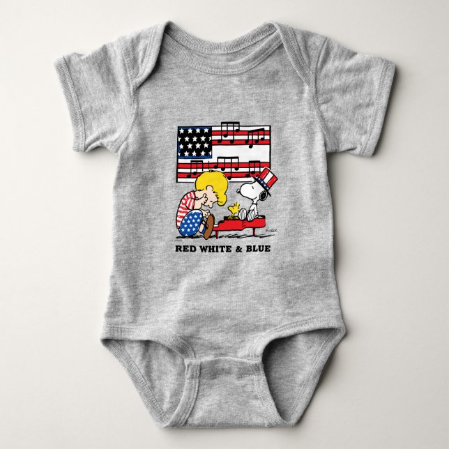 Peanuts | Patriotic Schroeder, Woodstock & Snoopy Baby Bodysuit (Front)