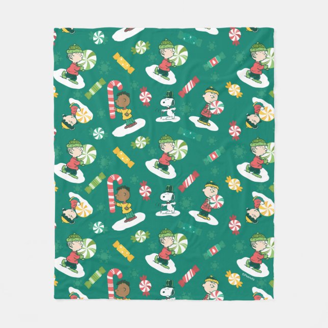 Peanuts Peppermint Dreams Holiday Pattern Fleece Blanket (Front)