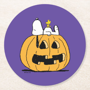 Peanuts   Snoopy and Woodstock Jack-O-Lantern Round Paper Coaster