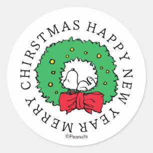 Peanuts   Snoopy Christmas Wreath Classic Round St Classic Round Sticker