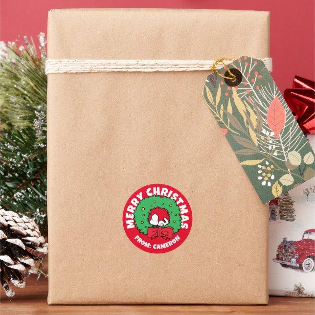 Peanuts | Snoopy Christmas Wreath Classic Round Sticker (Holiday)