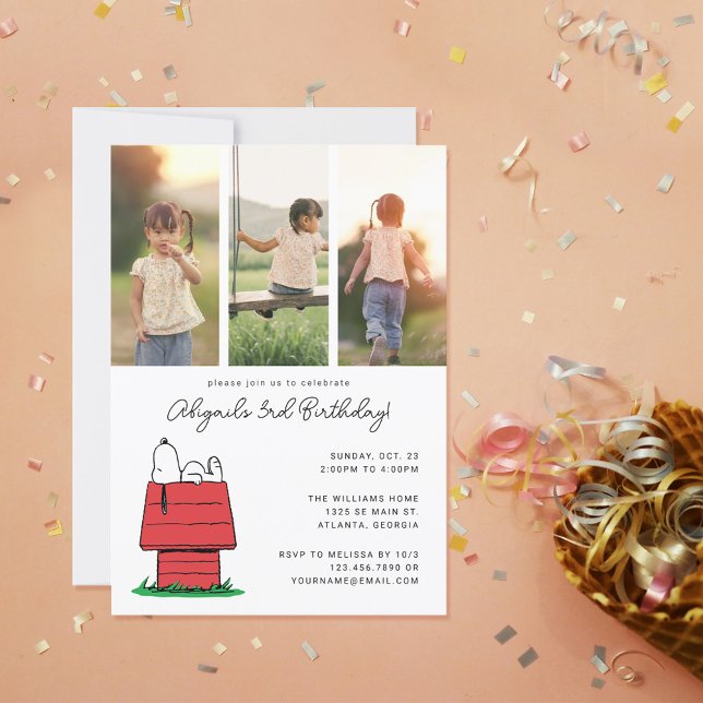 Peanuts Snoopy Dog House Birthday Photo Invitation (Invitation on table)