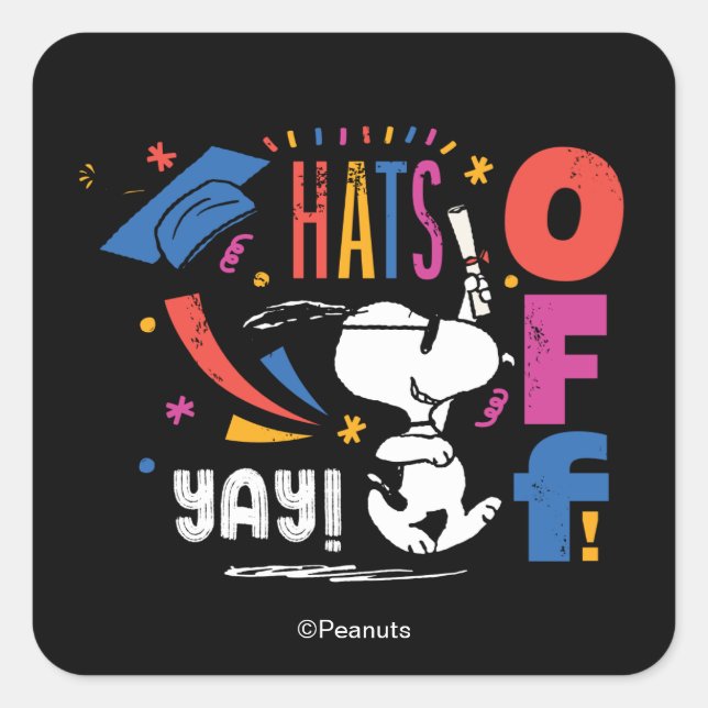 Peanuts Snoopy Hats Off To You Graduation Congrats Square Sticker (Front)