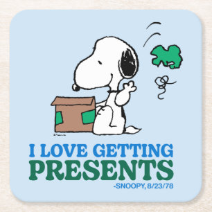 Peanuts   Snoopy I Love Getting Presents Square Paper Coaster