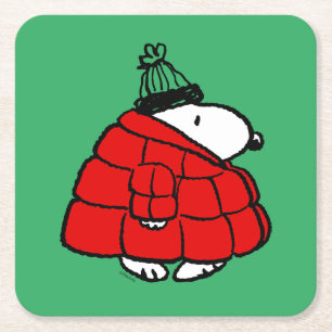 Peanuts   Snoopy Puffy Red Winter Jacket Square Paper Coaster