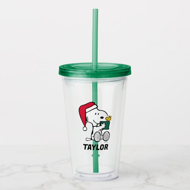 Peanuts | Snoopy Santa & Woodstock | Add Your Name Acrylic Tumbler (Front)