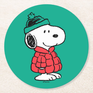 Peanuts   Snoopy Winter Coat & Hat Round Paper Coaster